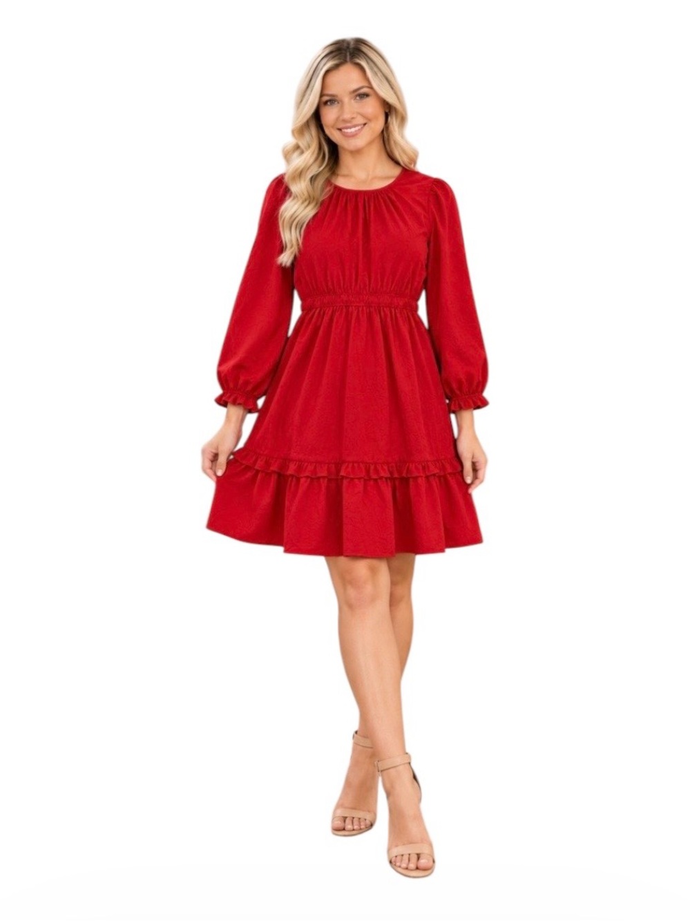 Knox Rose Women’s Satin Red Long-Sleeve Ruffle-Hem Dress Small NWT
